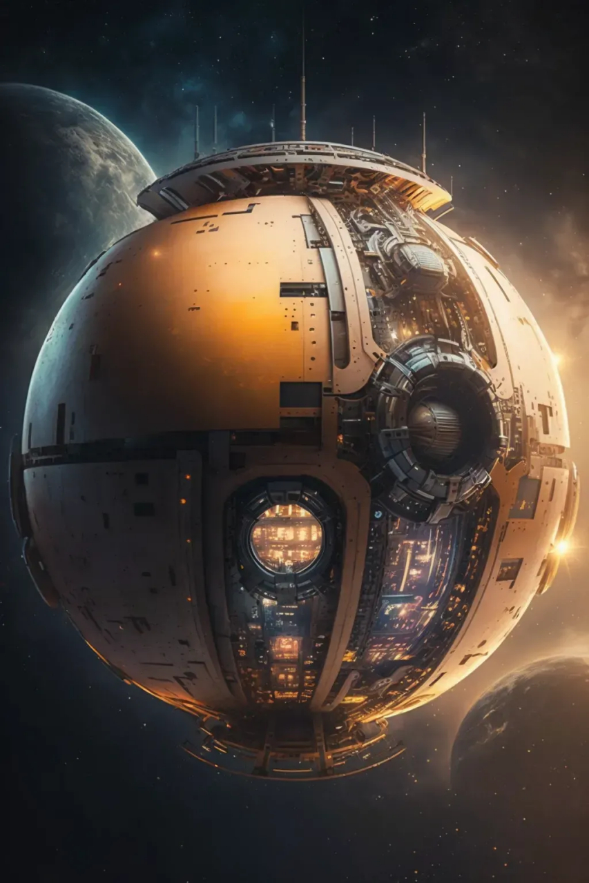 ai生成的一组空间站插画作品,太空中漂浮着巨大的圆形空间站.