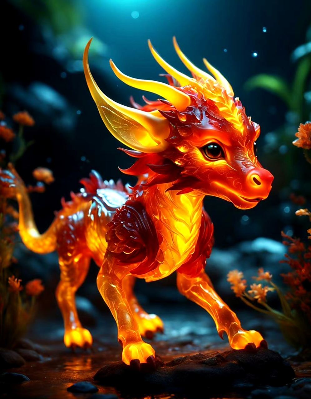一组ai生成的神兽形象作品,火麒麟,十分可爱,by midjourney.