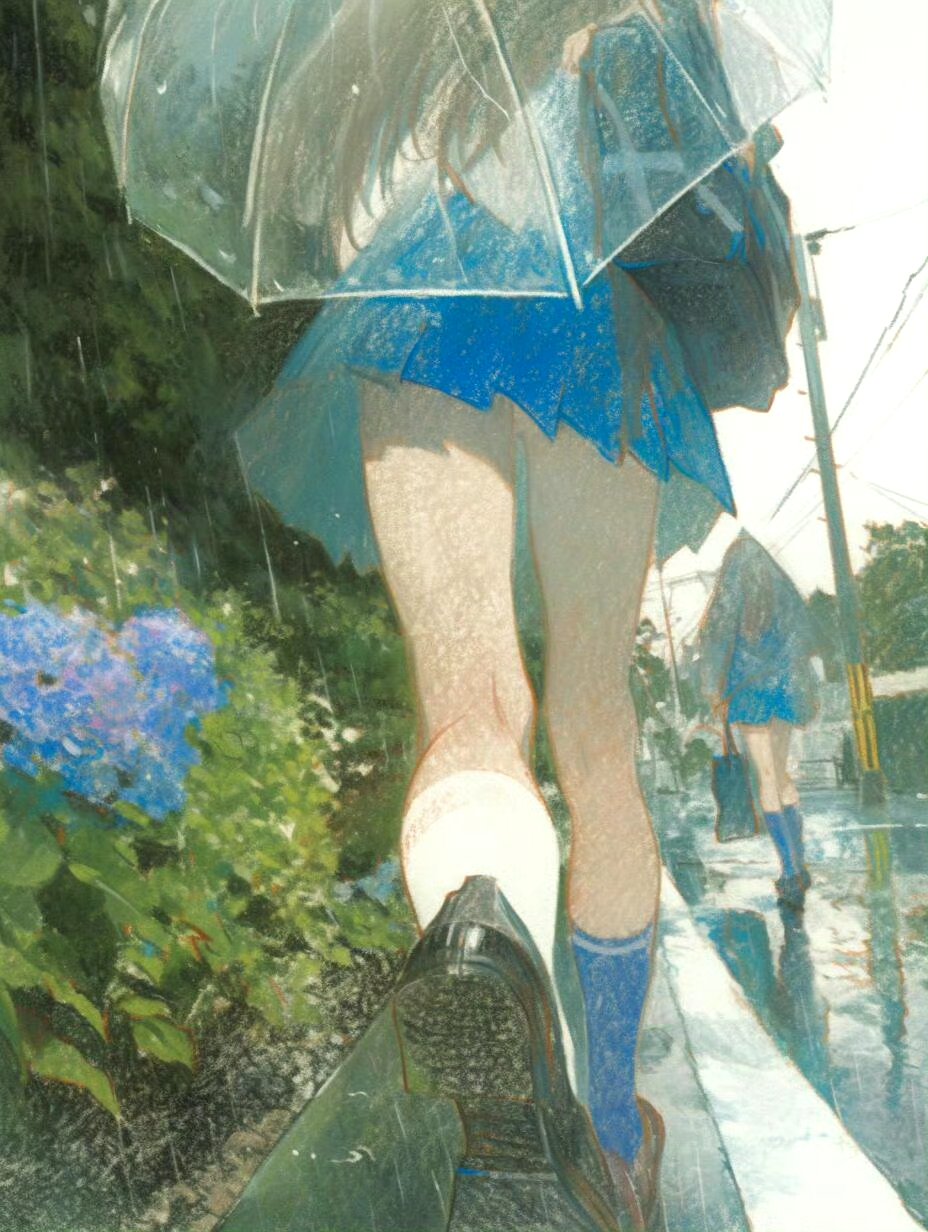 分享一组国外画师绘制的动漫场景作品,描绘了雨天的少女形象,画面带有