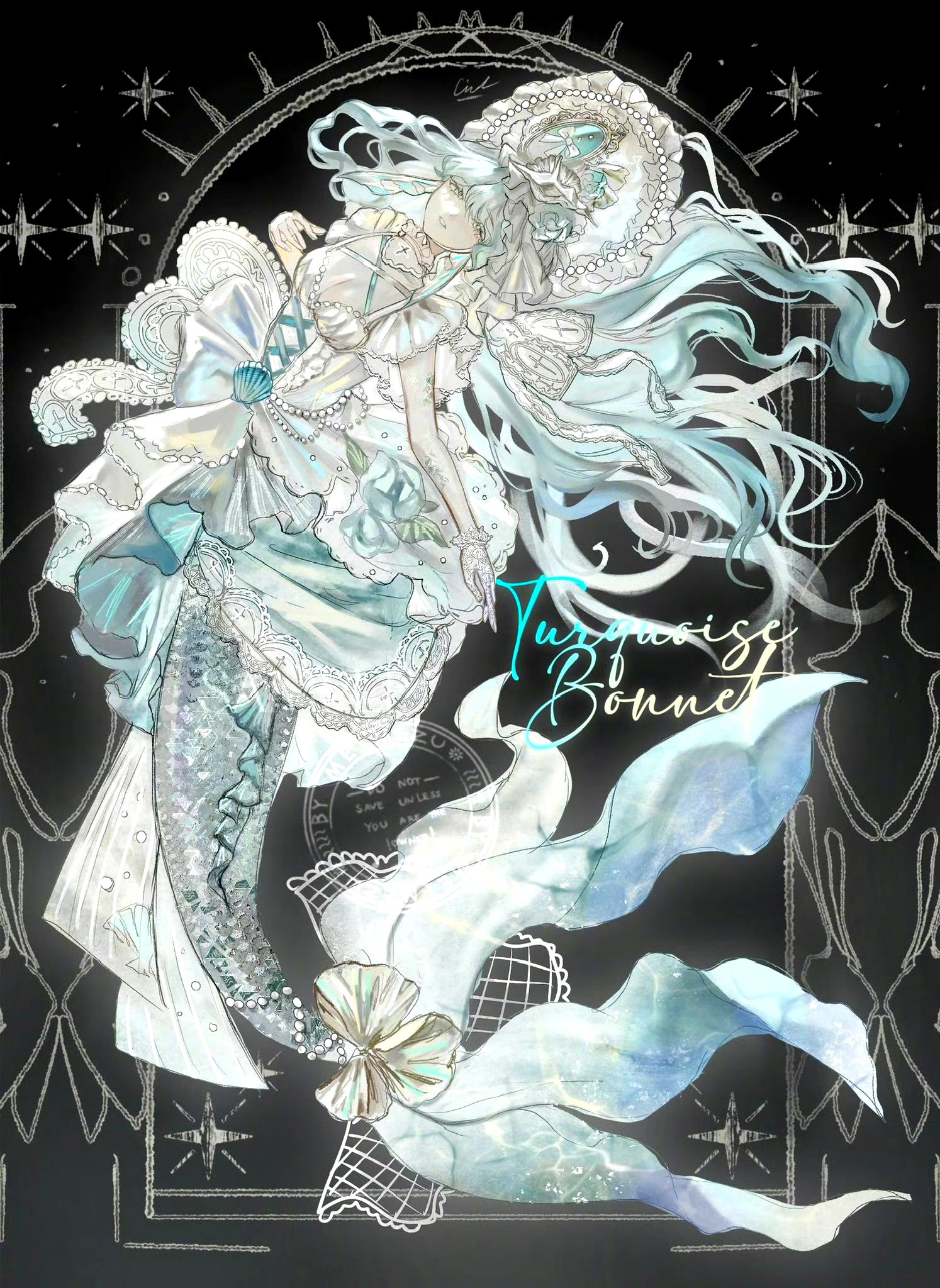 画师meimezu绘制的美人鱼插画作品,用流畅的线条描绘了造型华丽的人鱼