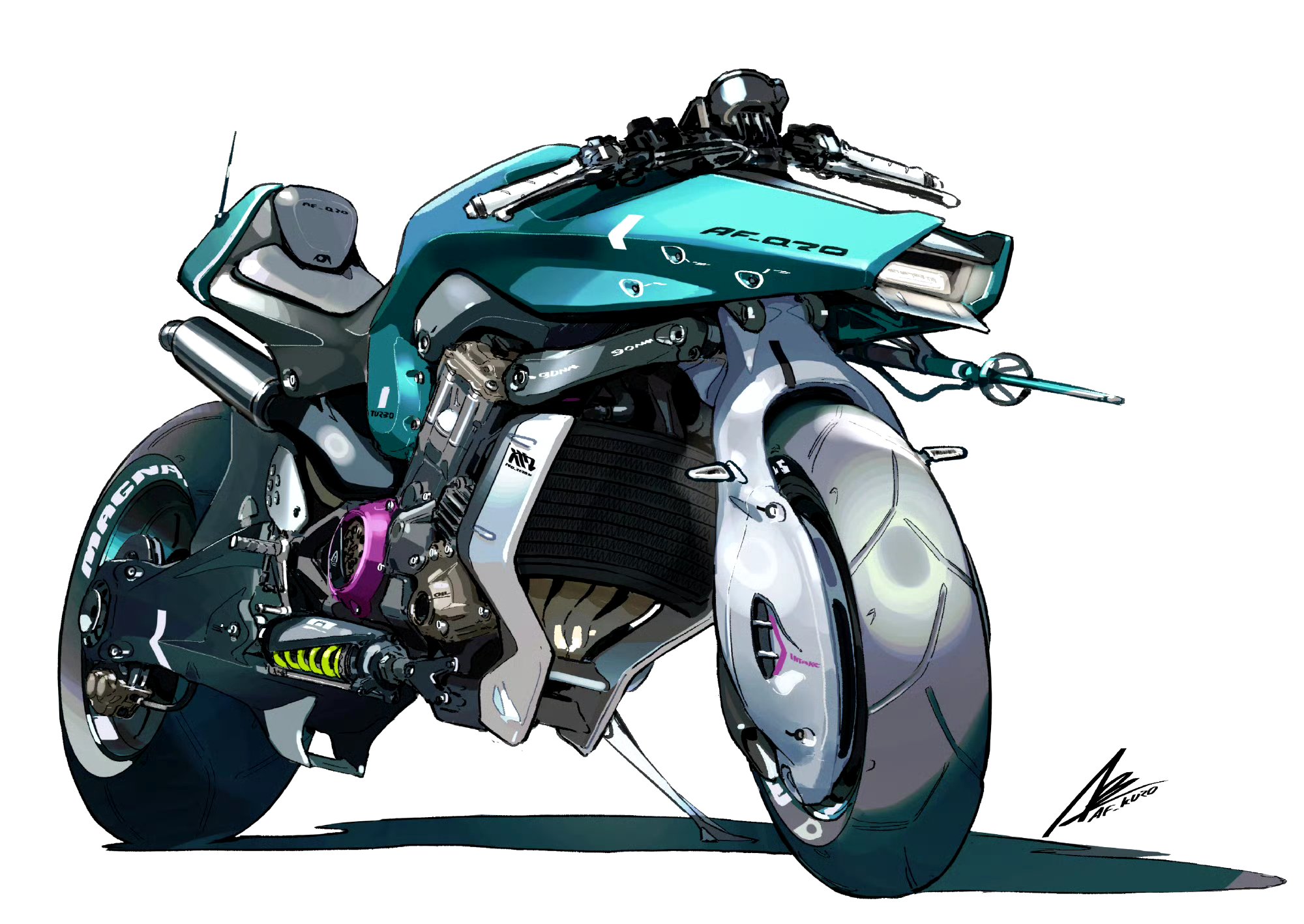 画师af_kuro绘制的一组摩托车空想概念设计,围绕多冲程发动机设计出