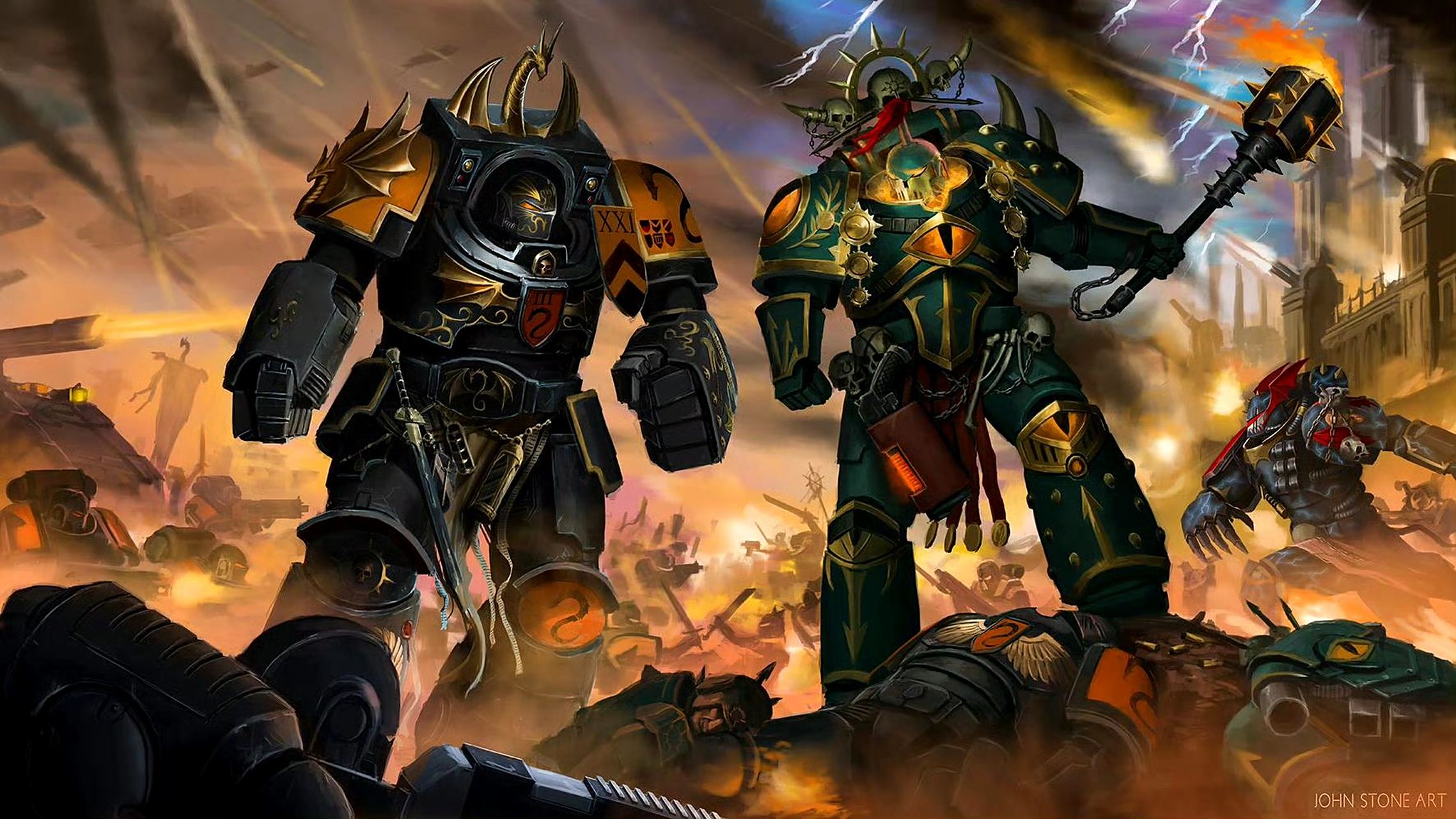 画师john·stone创作的一组战锤系列的插画作品,描绘了身着盔甲的军团