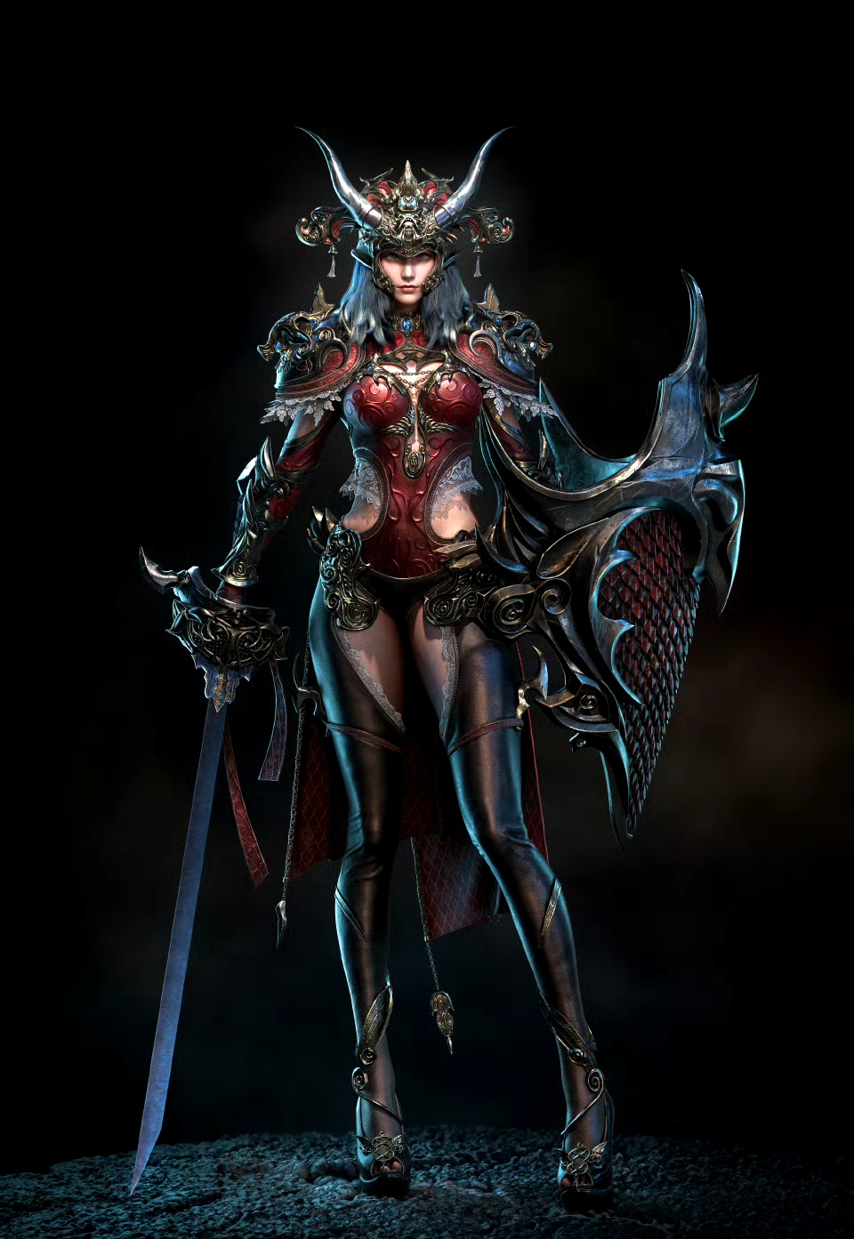 建模欣赏:女剑士,身着红色铠甲,手持剑与盾,造型华丽而飒爽