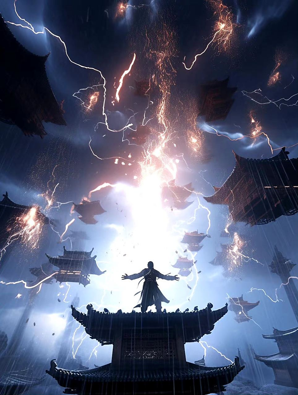 ai生成的一组奇幻场景作品,主题为《道友渡劫》.