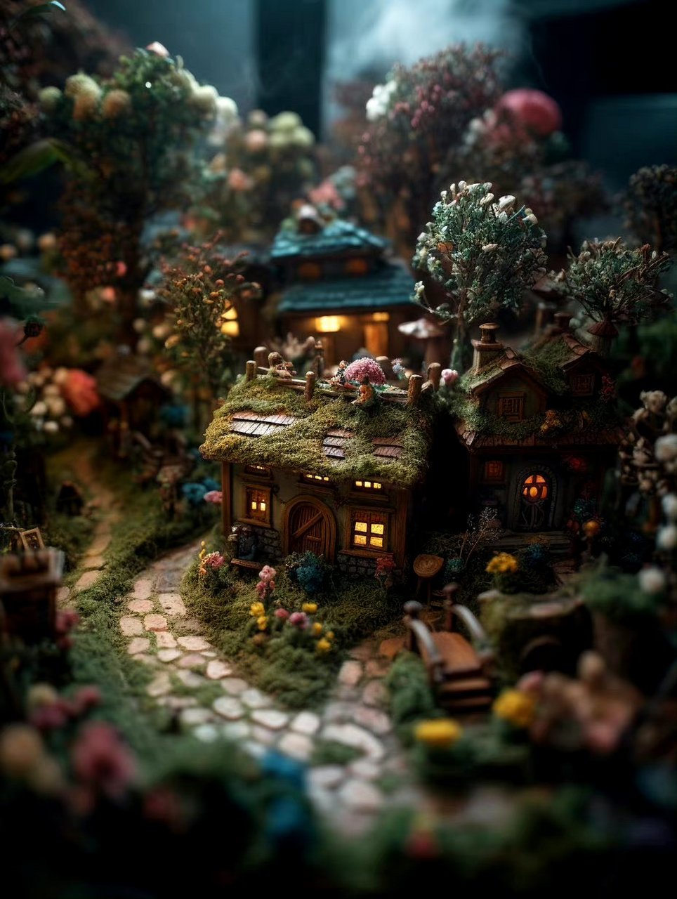 一组ai生成的微缩场景模型,像童话世界的精灵小屋,by midjourney.