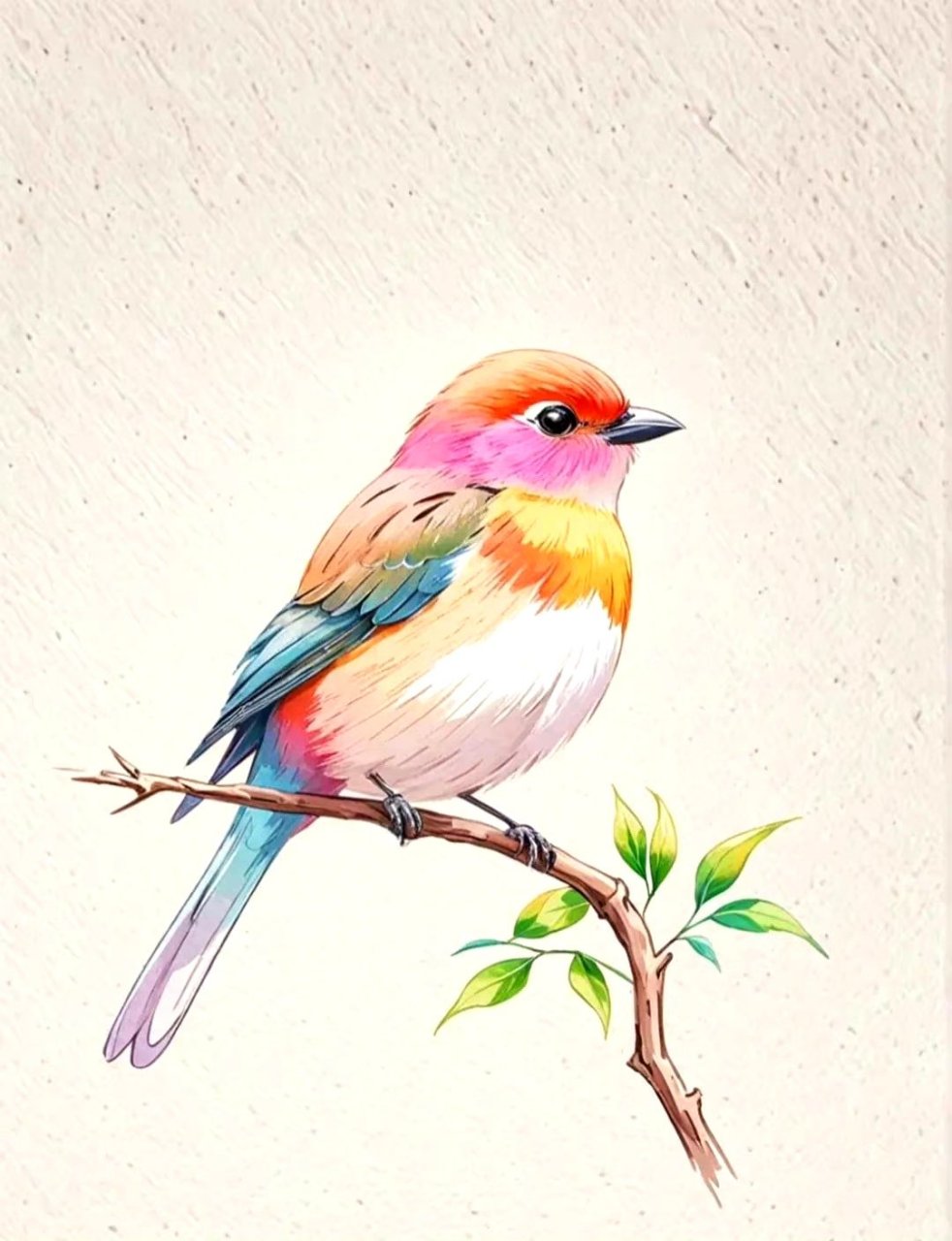 分享一组花鸟绘画作品,描绘了小鸟立在枝头的情景,线条流畅,色彩鲜艳