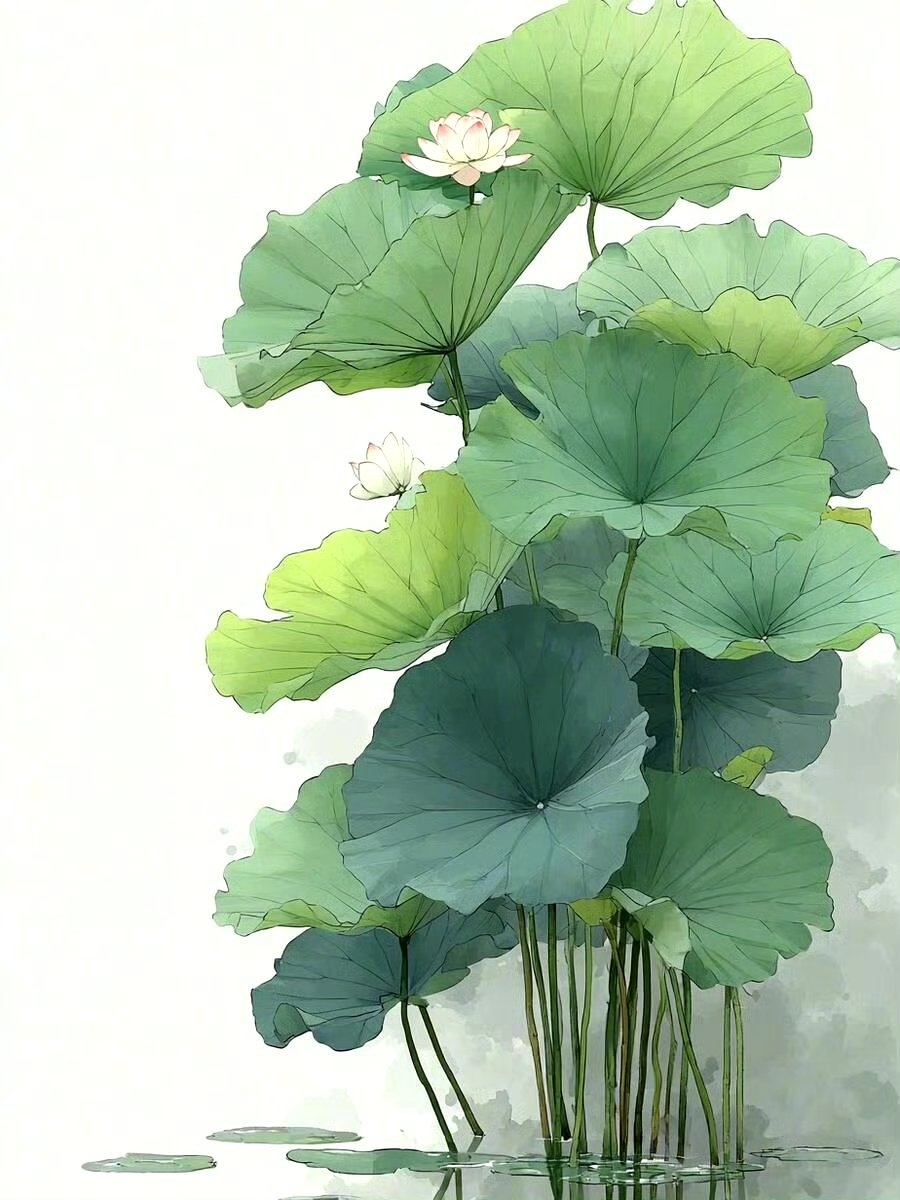 分享一组国风插画作品,用描绘了碧绿的荷叶,给炎热的夏季带来些许宁静