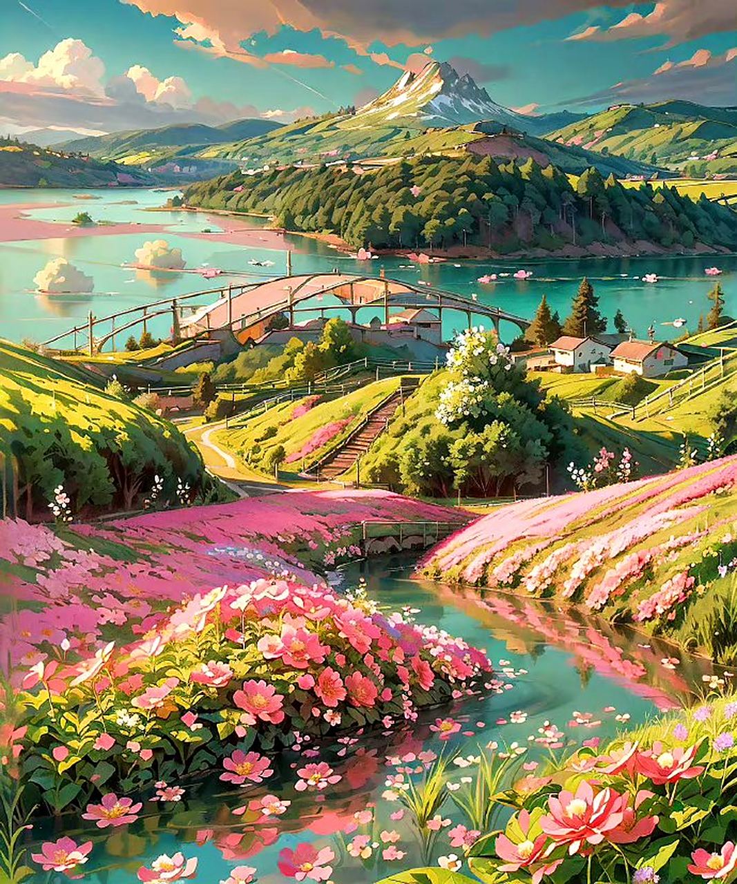 一组ai生成的风景插画作品,描绘了被粉色花朵笼罩的田园风光.