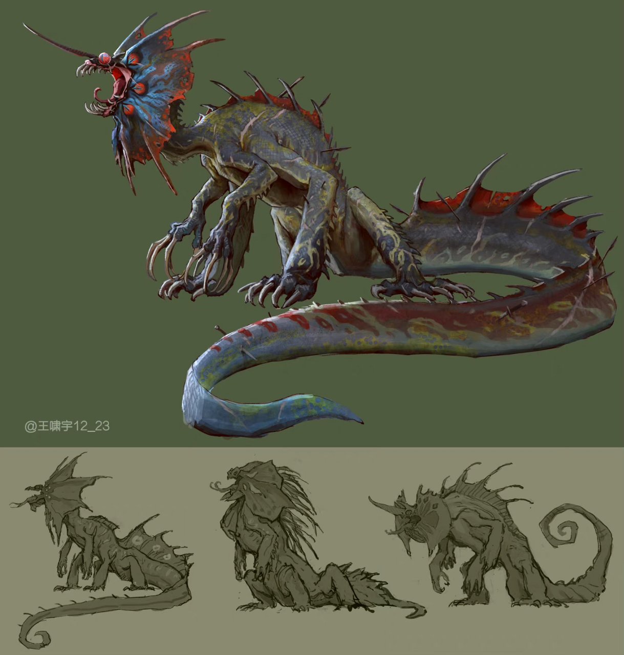 画师王啸宇创作的一组奇幻怪物与角色插画作品,复古风格与生物元素相