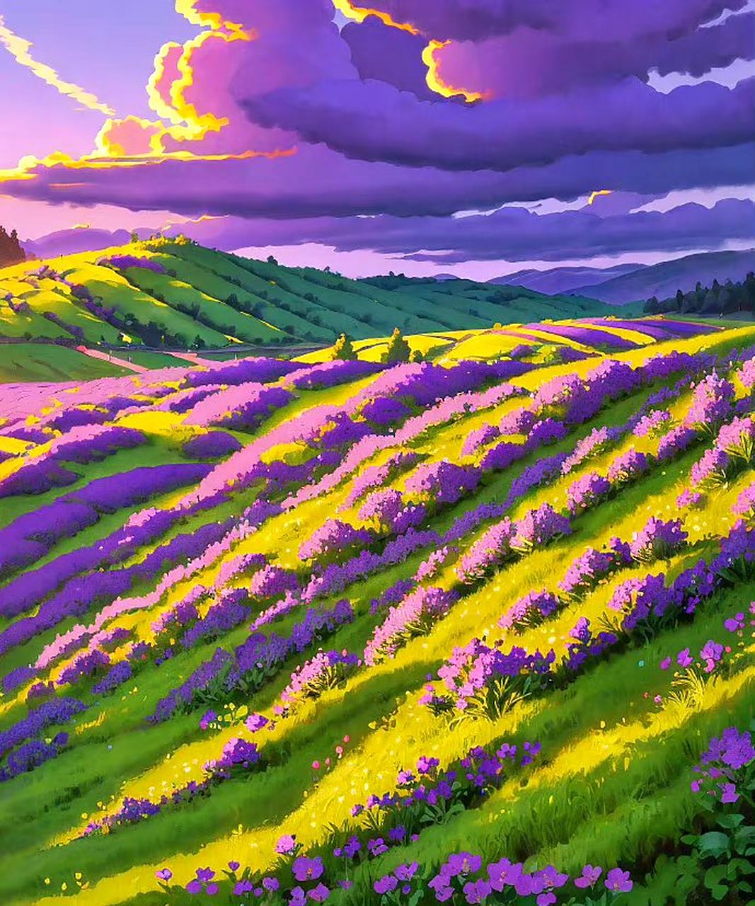 一组ai生成的风景作品,梦幻般的紫色花海.#动漫# #插画# #二次元