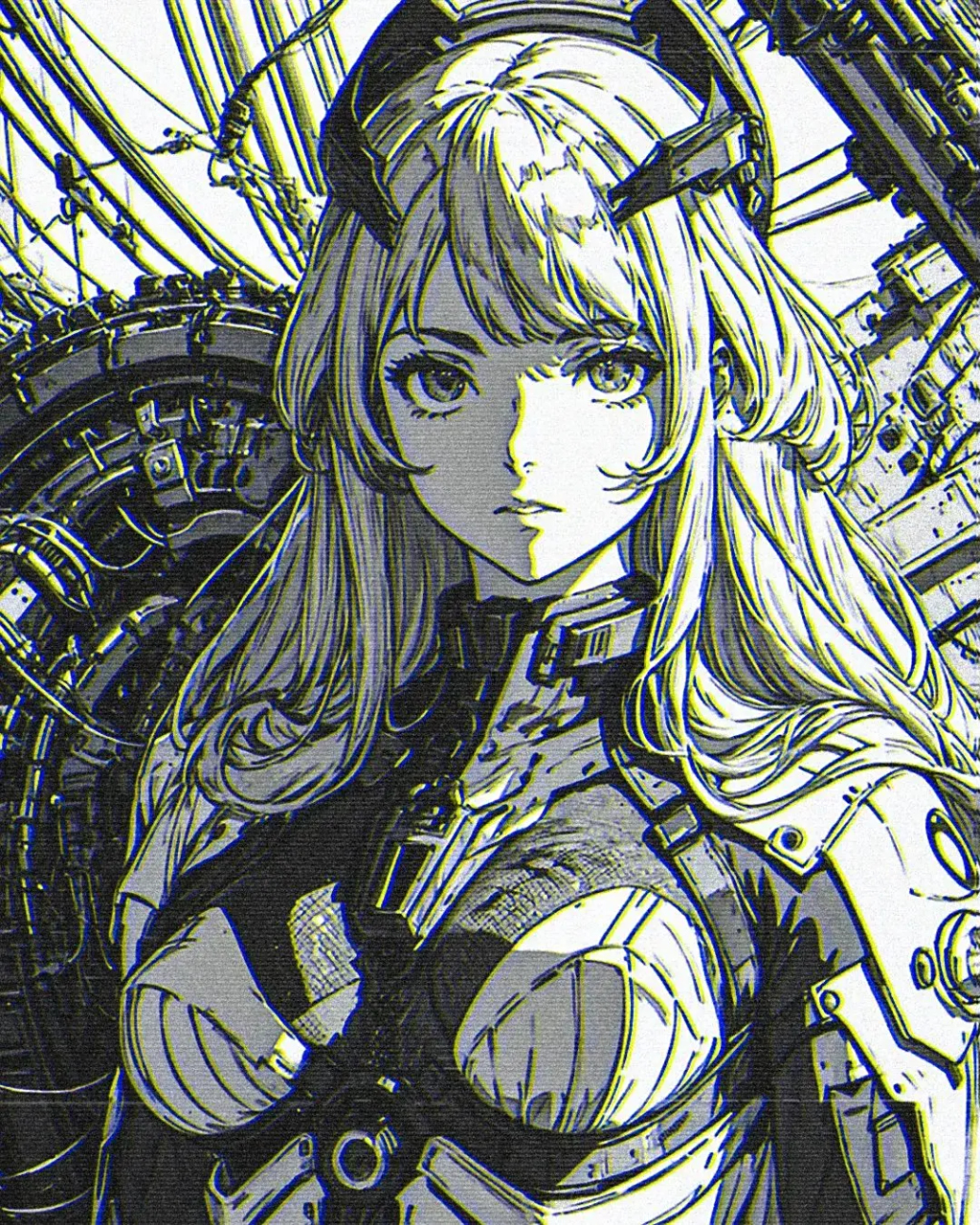 一组攻壳机动队风格的动漫人物黑白插画,描绘了义肢化的少女战士.