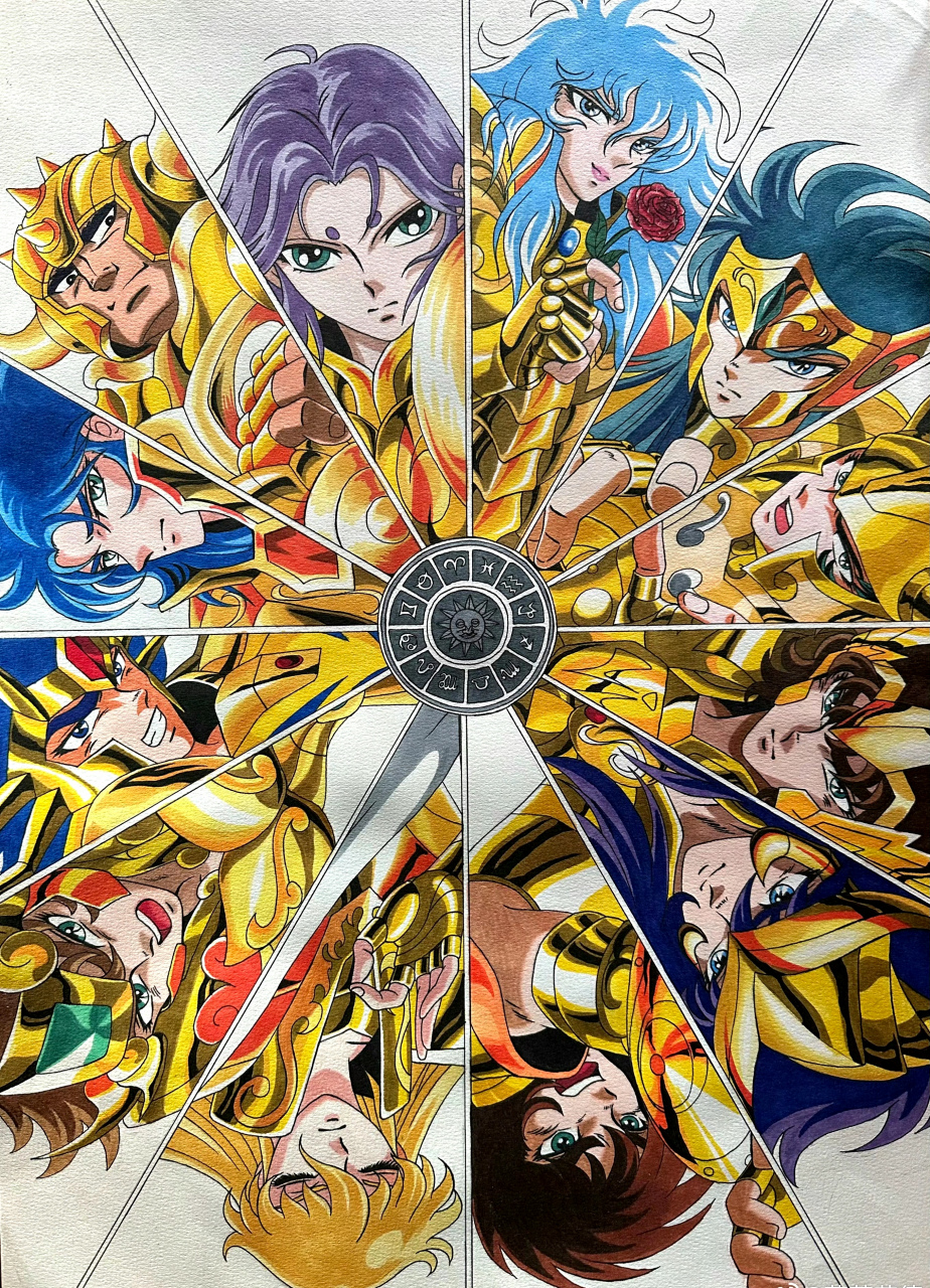 画师萨莱菲德绘制的十二黄金圣斗士插画作品,展现了88星座顶点圣斗士