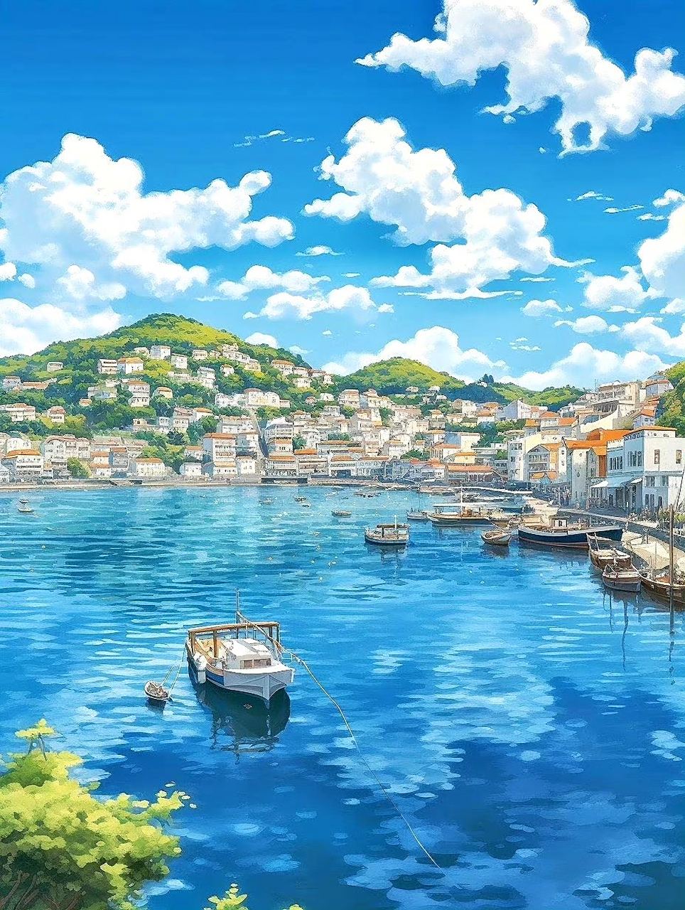 一组美丽的港湾风景,蔚蓝的天空下是美丽的小镇.#动漫# #插画# #风景
