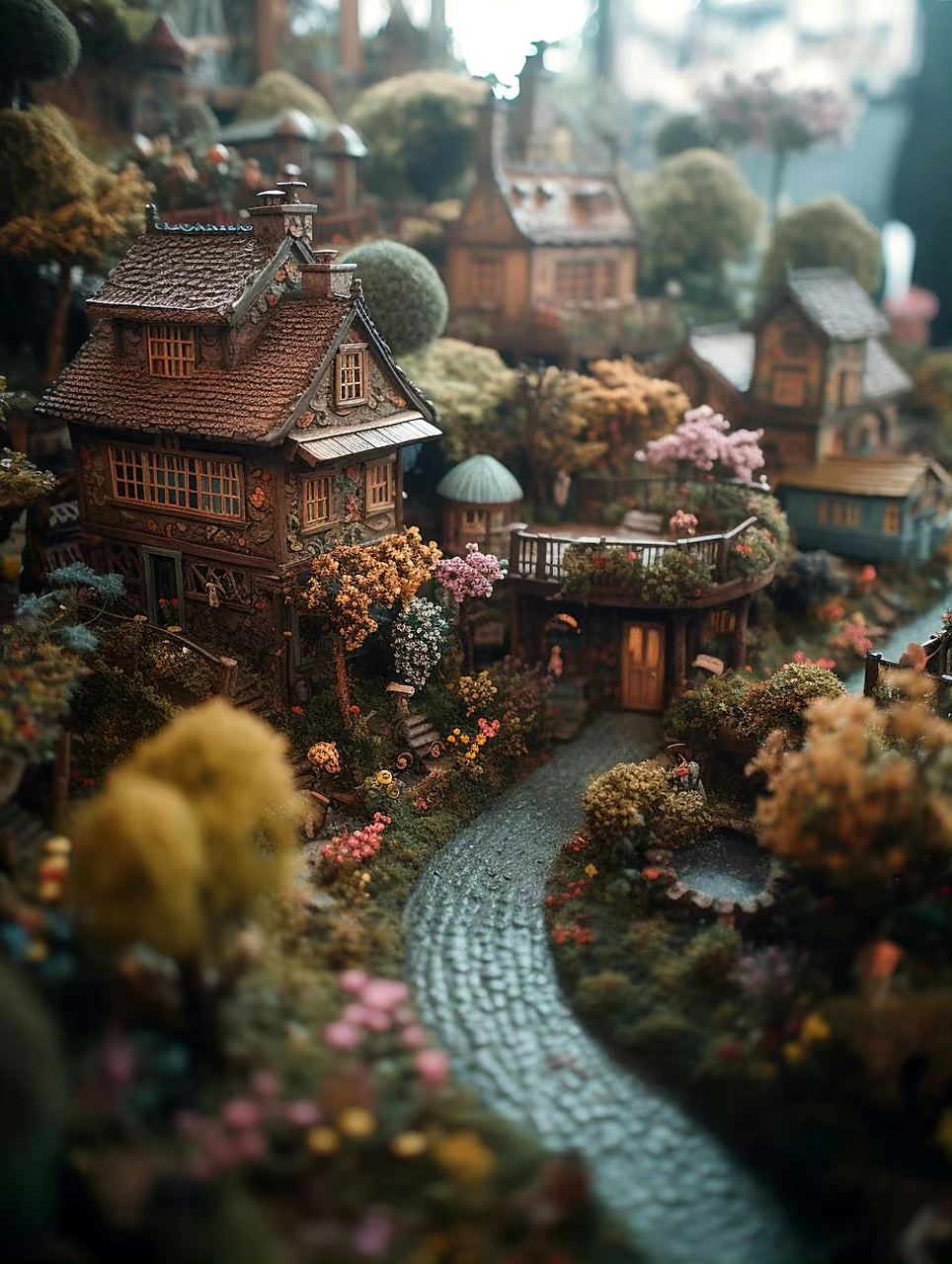 一组ai生成的微缩场景模型,像童话世界的精灵小屋,by midjourney.