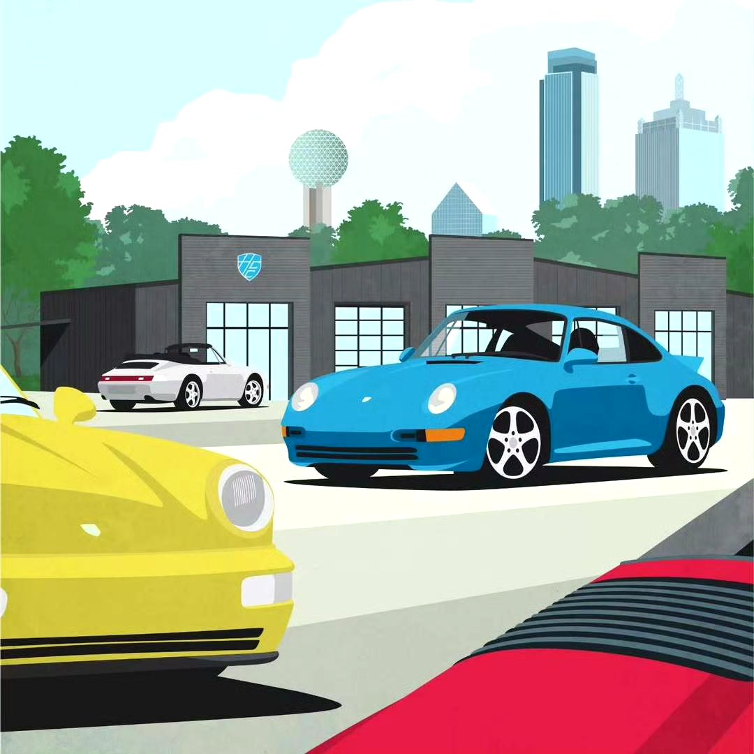 一组汽车场景插画作品,用简约的风格描绘了各种造型的车辆行驶的景象