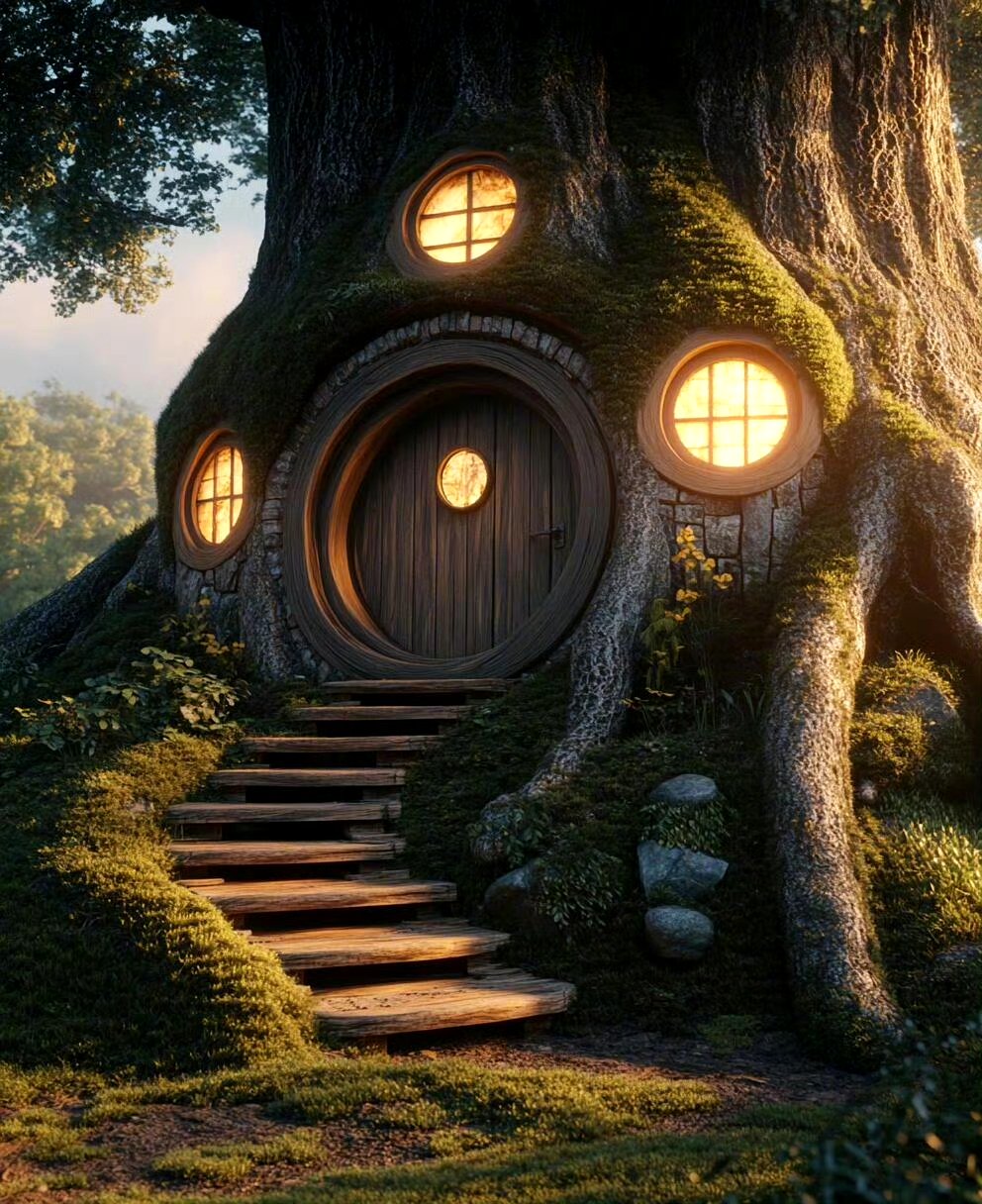 分享一组树屋插画作品,小屋与大树融为一体,是精灵们居住的场所