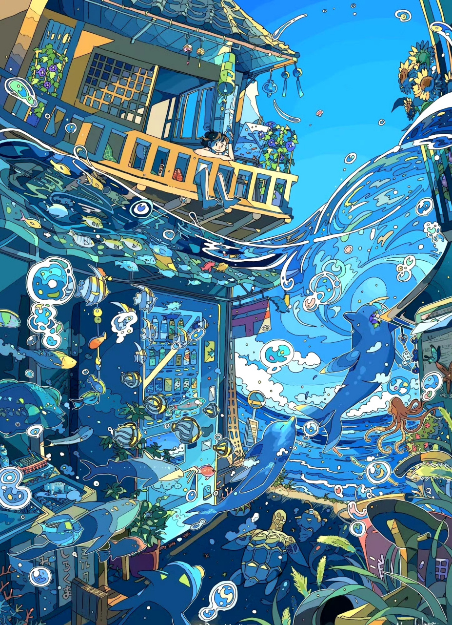 画师ranano动漫场景插画欣赏,描绘了充满童真的蓝色童话.