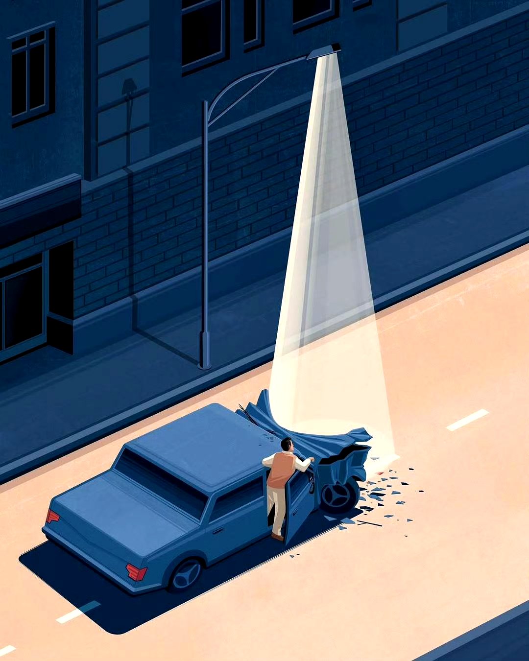 他的插画风格简约,通常采用简单的线条和色彩,但画面之下却蕴含着丰富