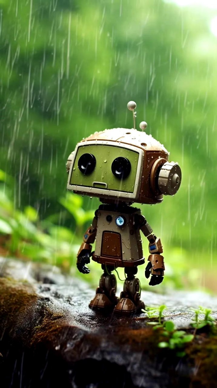 ai创作:雨中的小机器人,嫩绿的丛林之中机器人在雨中漫步.