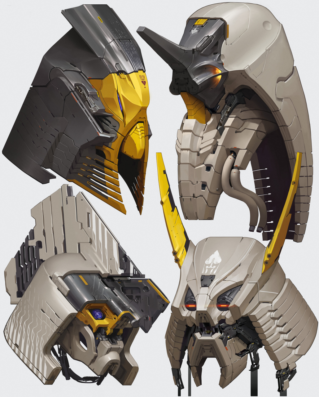 画师till freitag创作的一组机甲头部设计,风格多变,取景器布局为各有