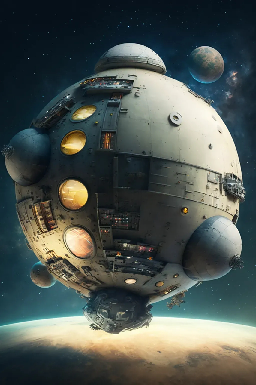 ai生成的一组空间站插画作品,太空中漂浮着巨大的圆形空间站.