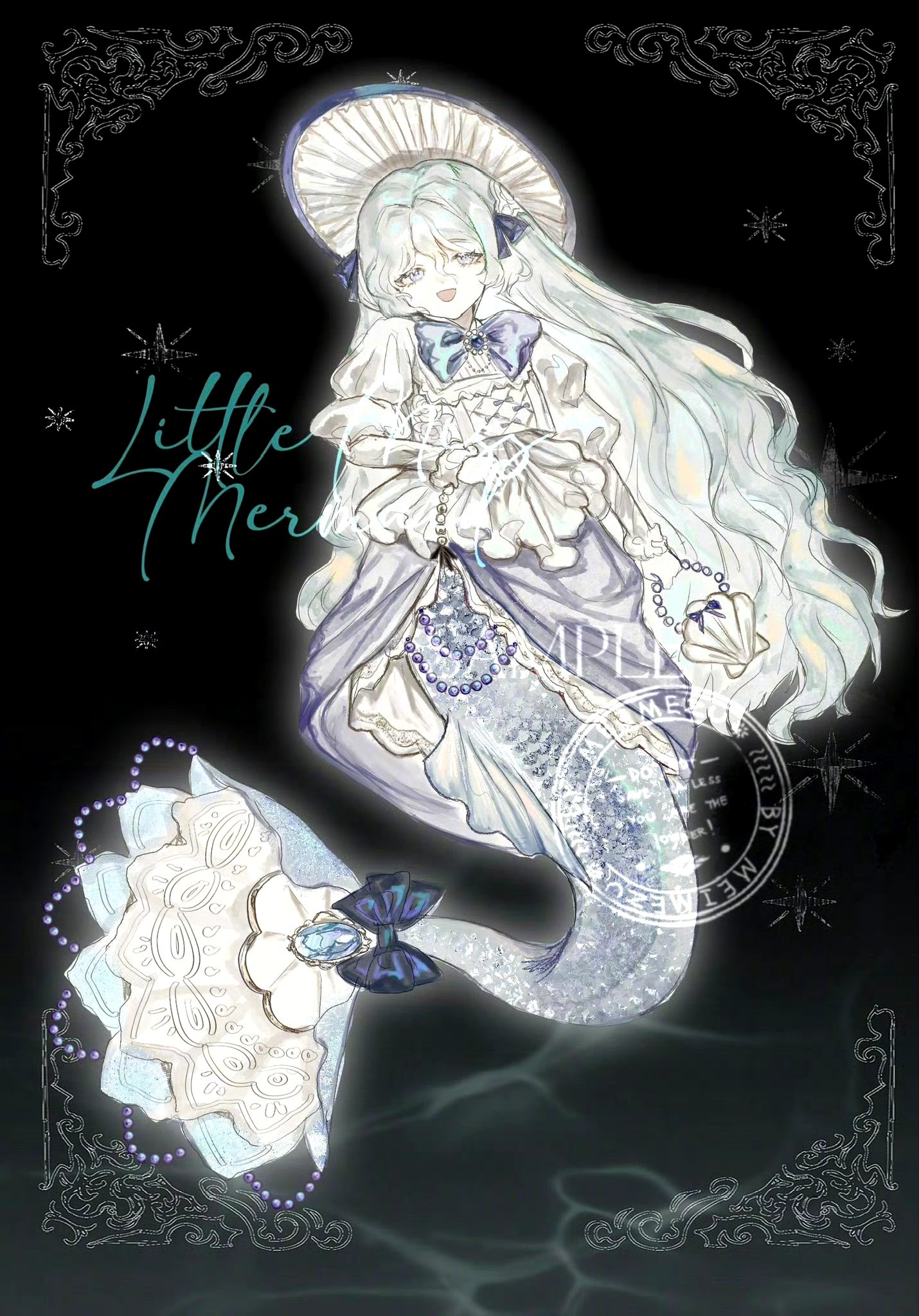 画师meimezu绘制的美人鱼插画作品,用流畅的线条描绘了造型华丽的人鱼