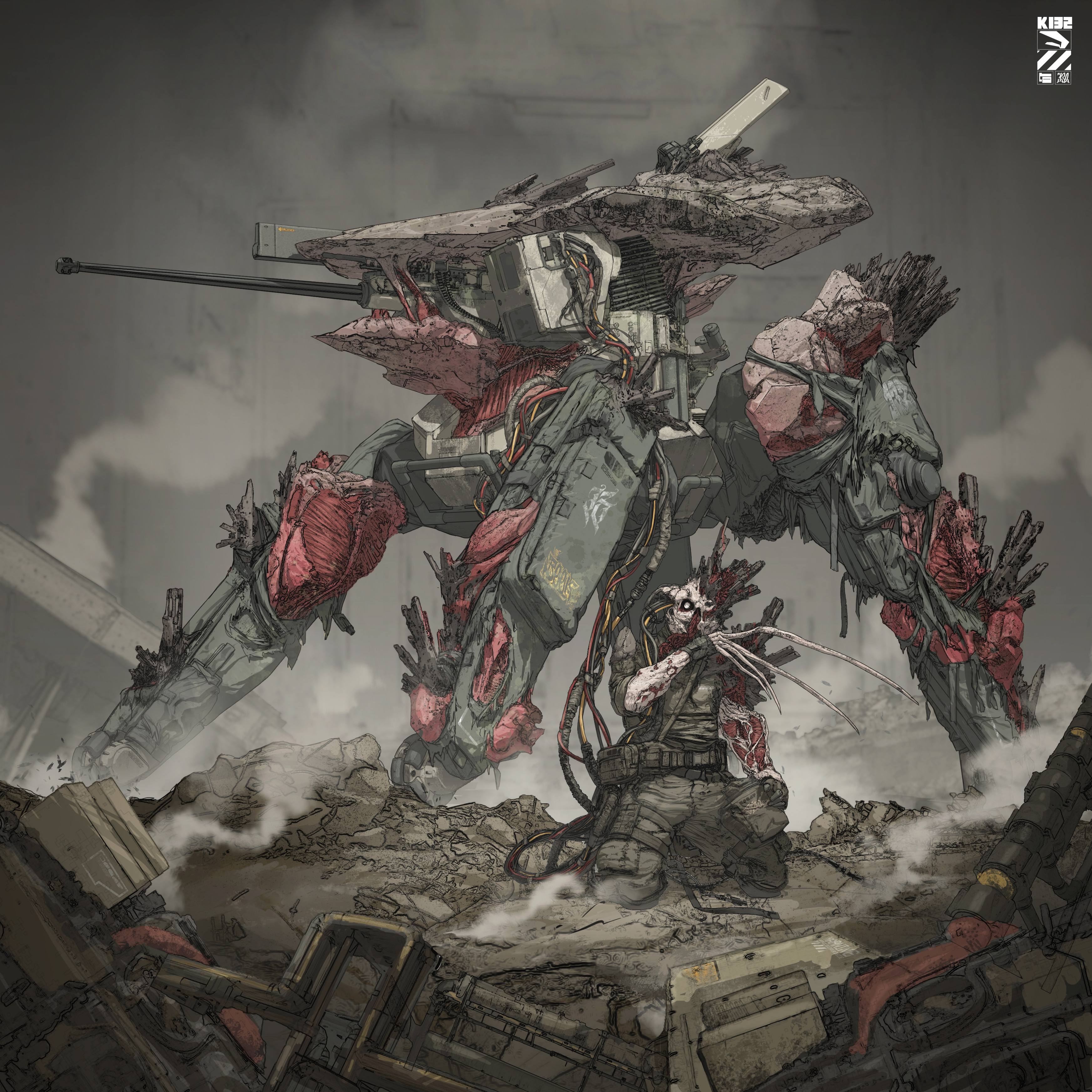 他的作品多为科幻题材,尤其擅长机甲设计