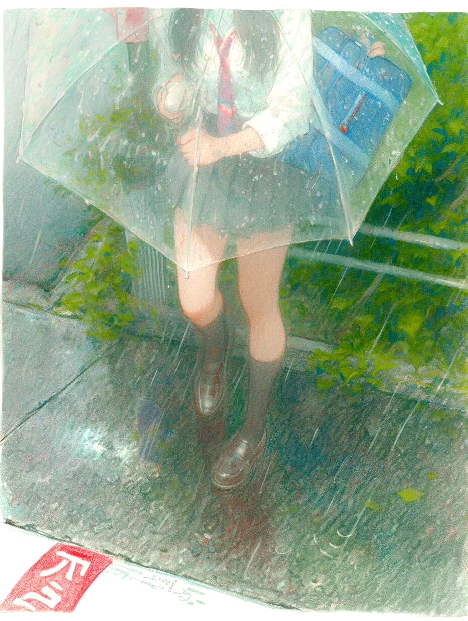 分享一组国外画师绘制的动漫场景作品,描绘了雨天的少女形象,画面带有