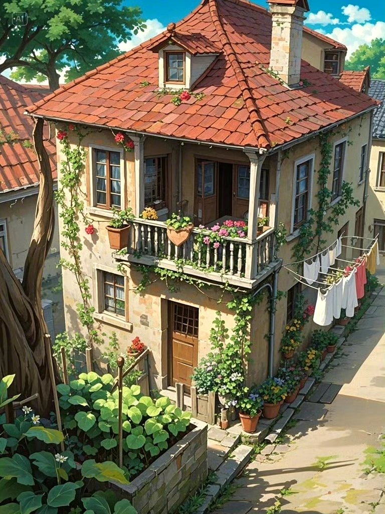 分享一组房屋风景绘画作品,由ai生成,描绘了复古小屋与建筑的场景