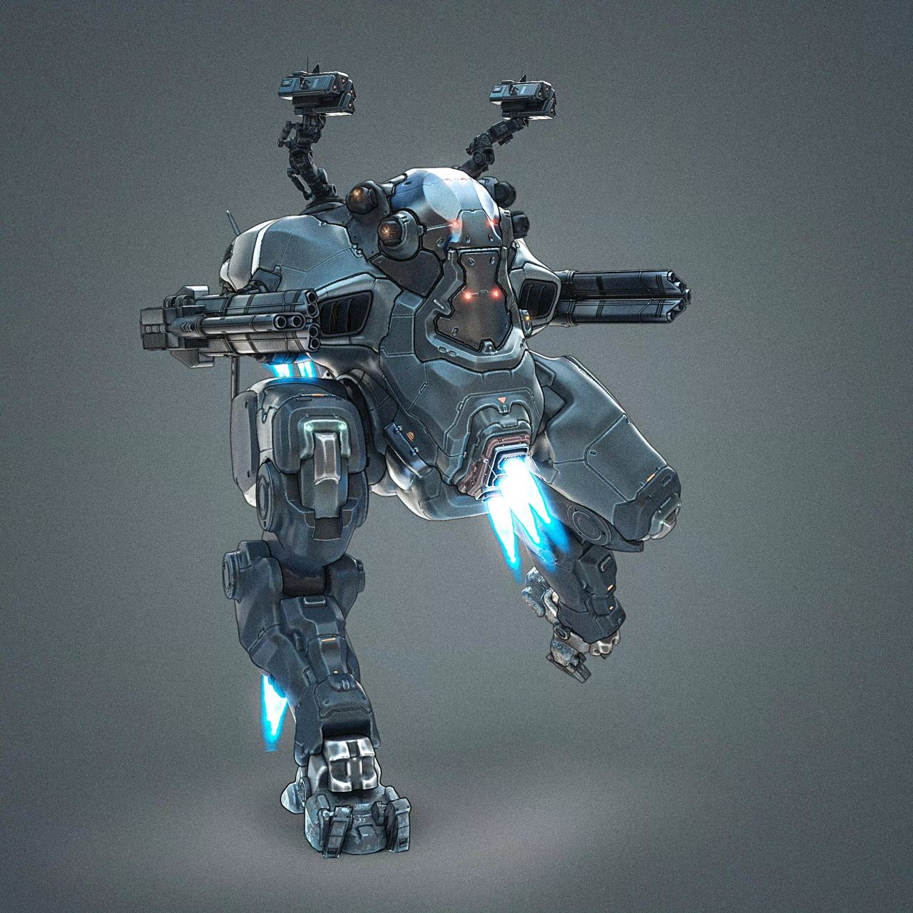 一组机甲设计作品欣赏,这款机甲采用双足行走,装备多种武器,躯干与