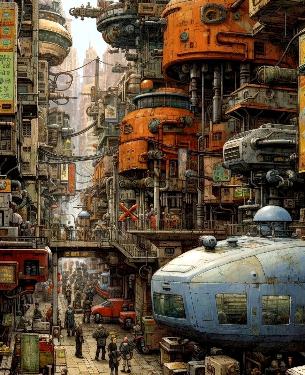 一组ai生成主题为"未来都市"的插画作品,带有浓厚的废土机械风格, by