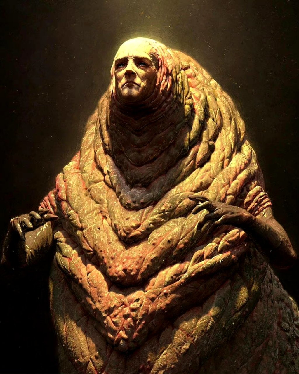 科幻小说《沙丘》插画作品欣赏,描绘了书中的神帝雷托二世.