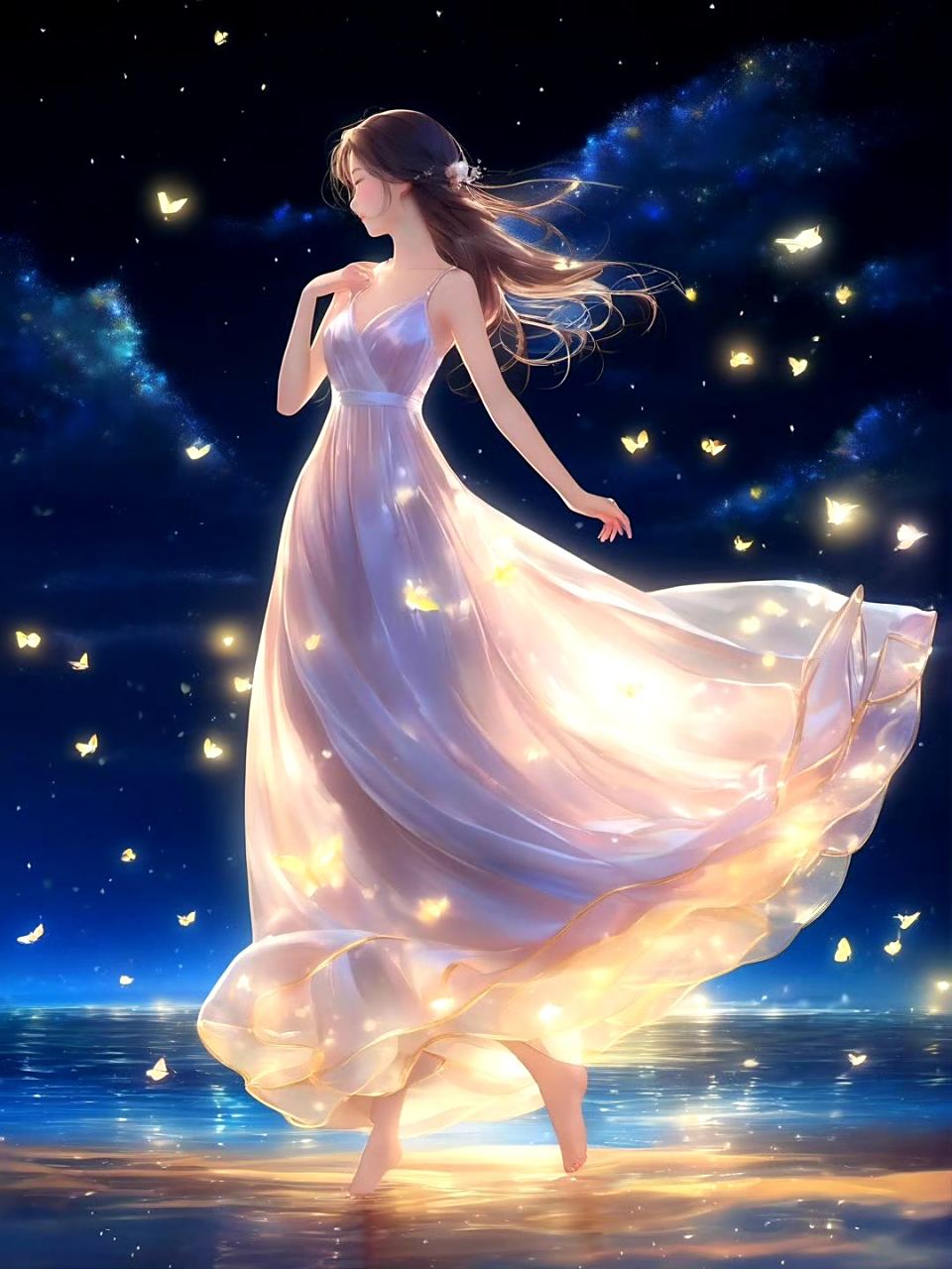 一组ai生成的动漫人物插画作品,月光下轻舞的女孩.