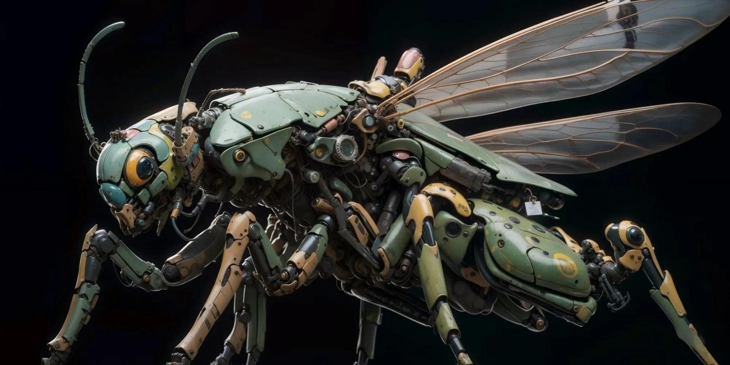 一组ai生成的机械昆虫插画作品,将昆虫的外骨骼替换成了机械外甲,by