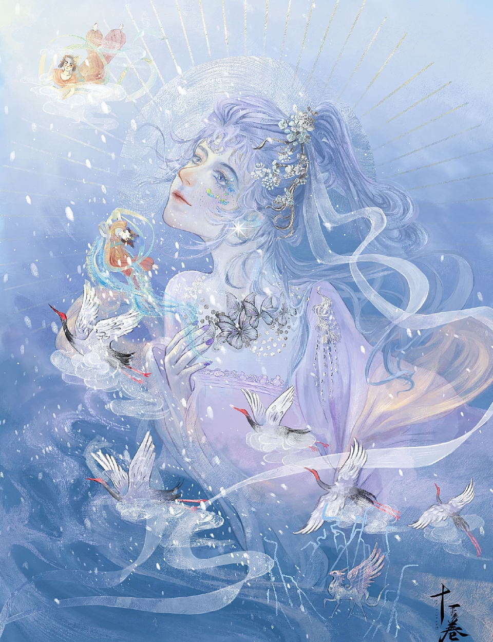 分享一组国风人物插画作品,用细腻的笔触描绘了充满诗意的飘渺场景,by