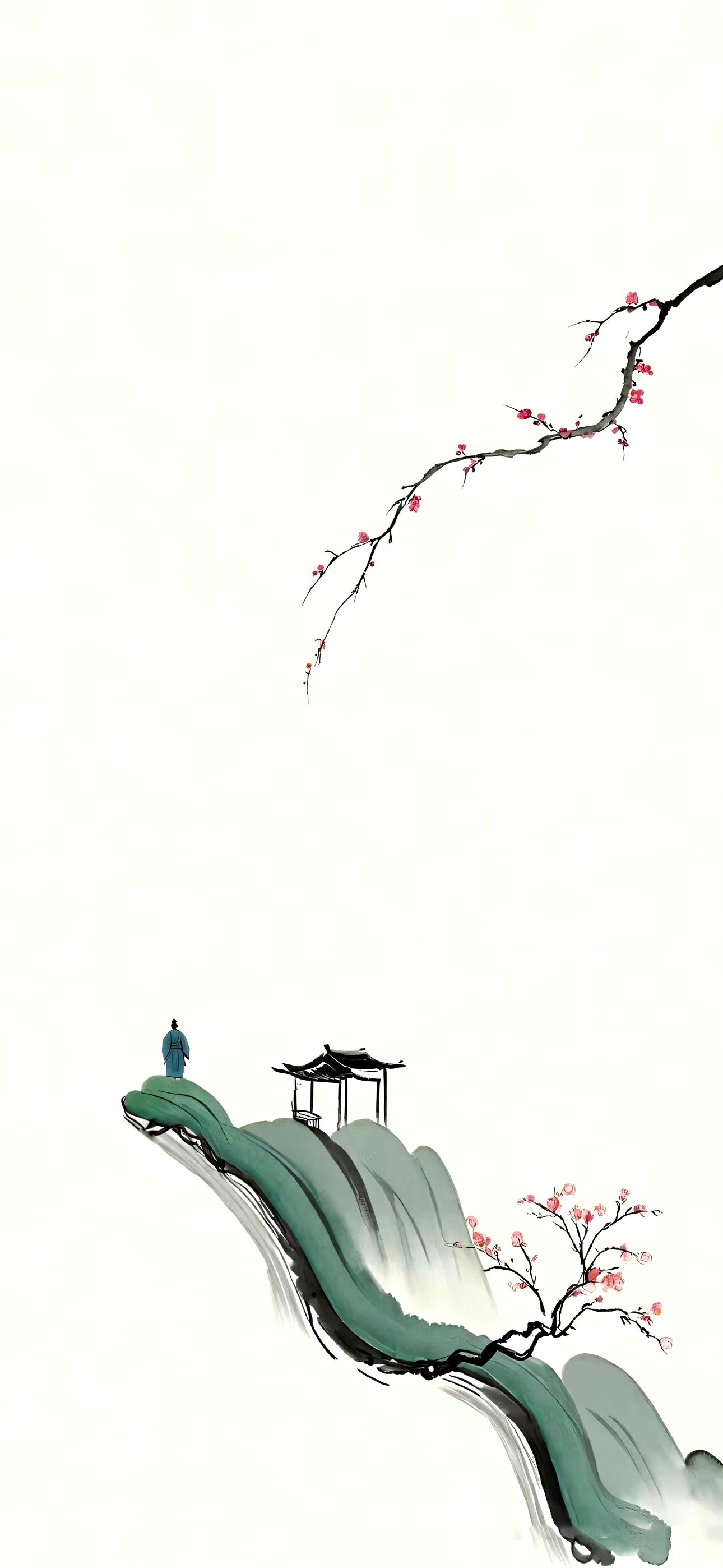 ai生成的一组水墨风景绘画作品,用简约的风格与淡雅的色彩描绘了山水