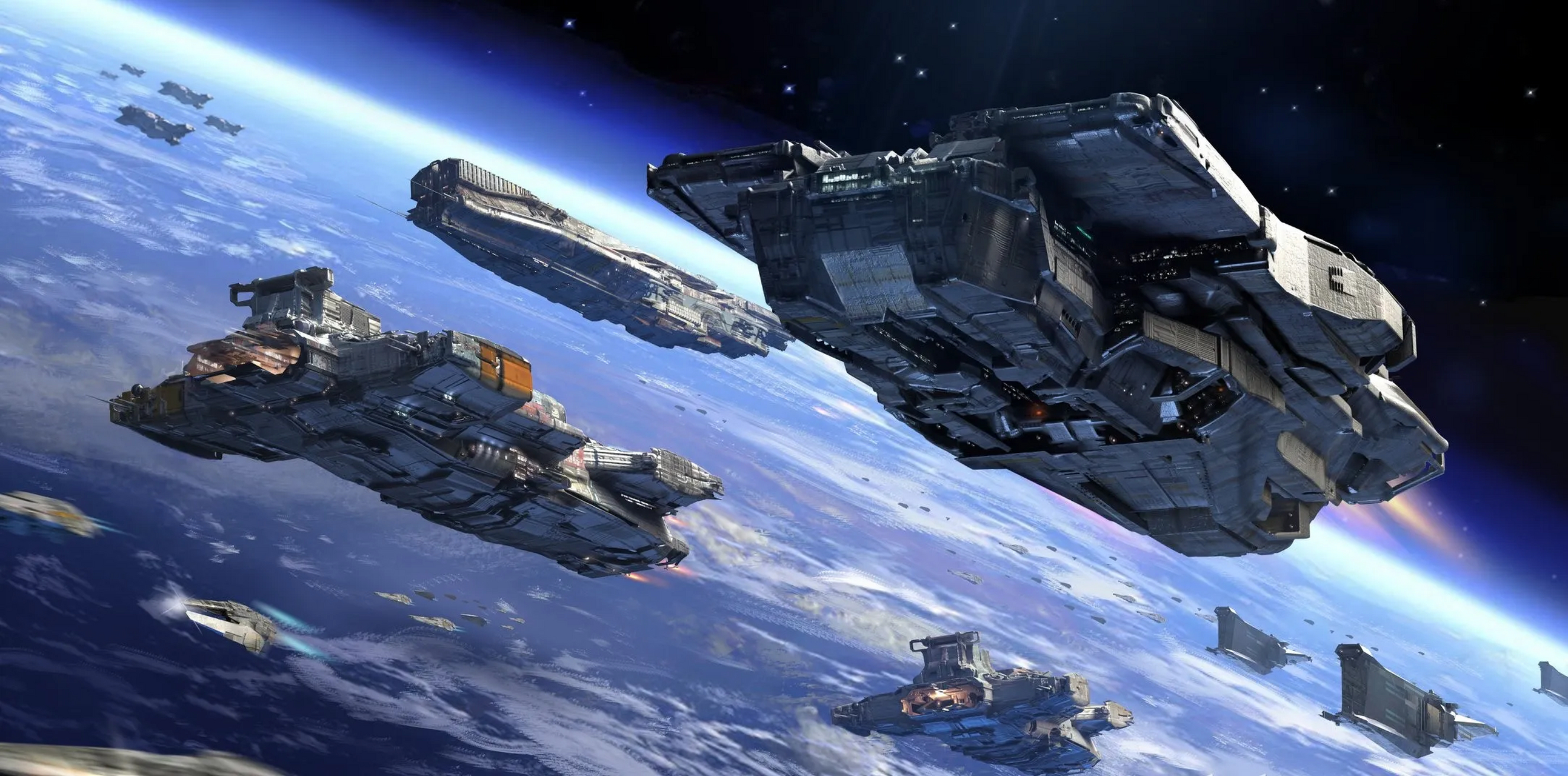 一组未来风格的太空战舰,来自游戏《无尽的拉格朗日》.