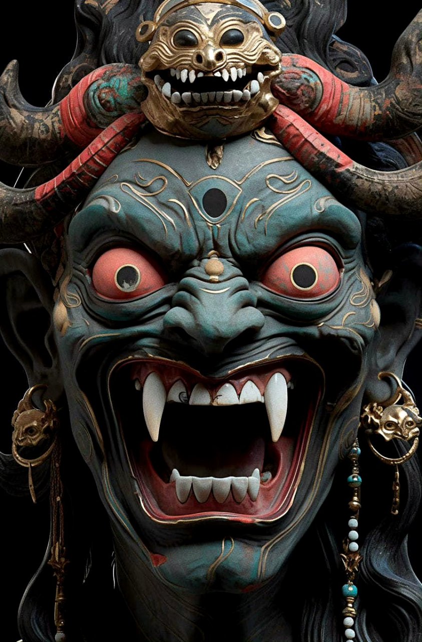 一组ai生成的鬼怪面具,有点像造像之中的怒目金刚.