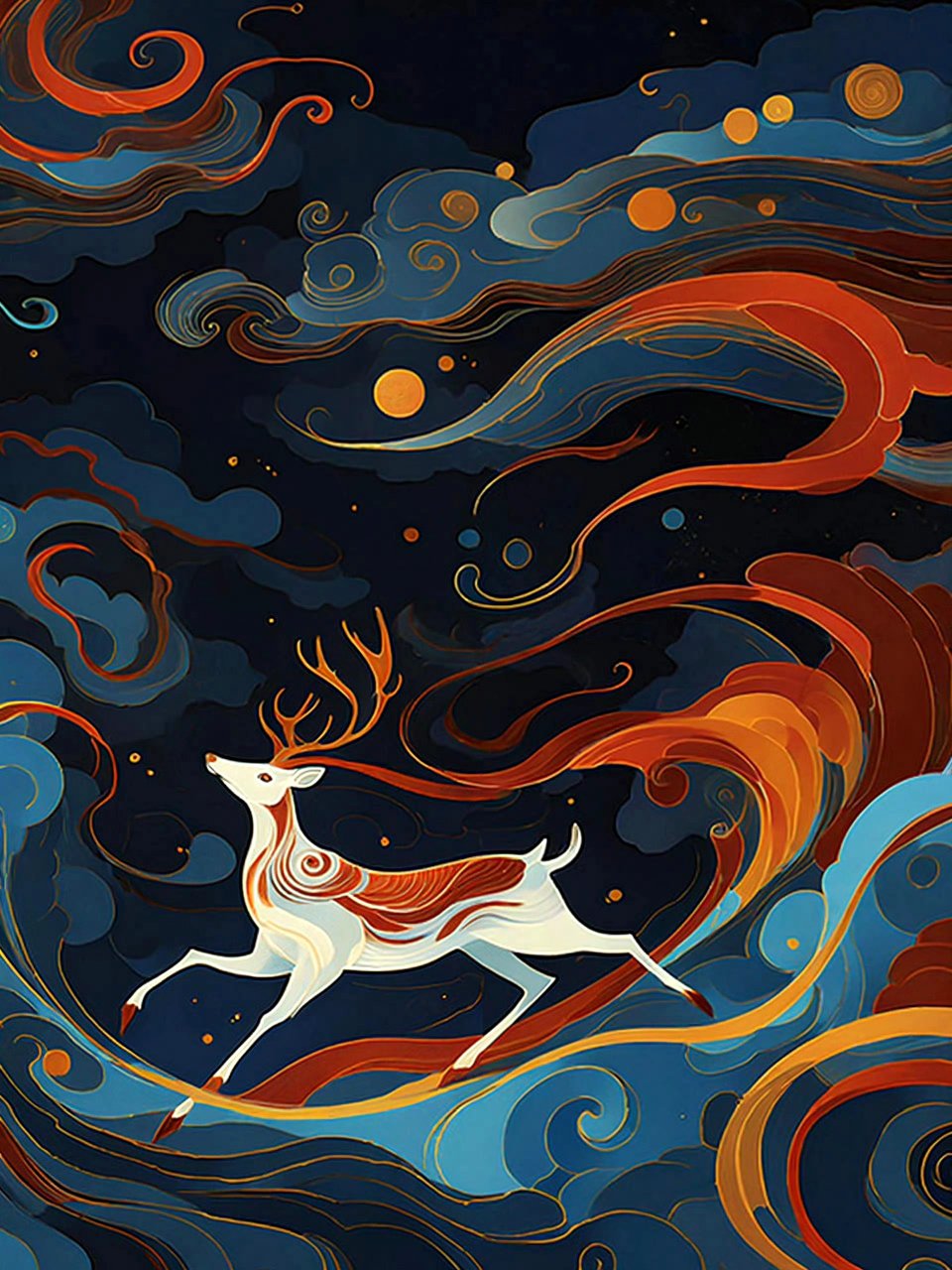 ai生成的一组奇幻场景插画作品,飘渺的神鹿,by midjourney.