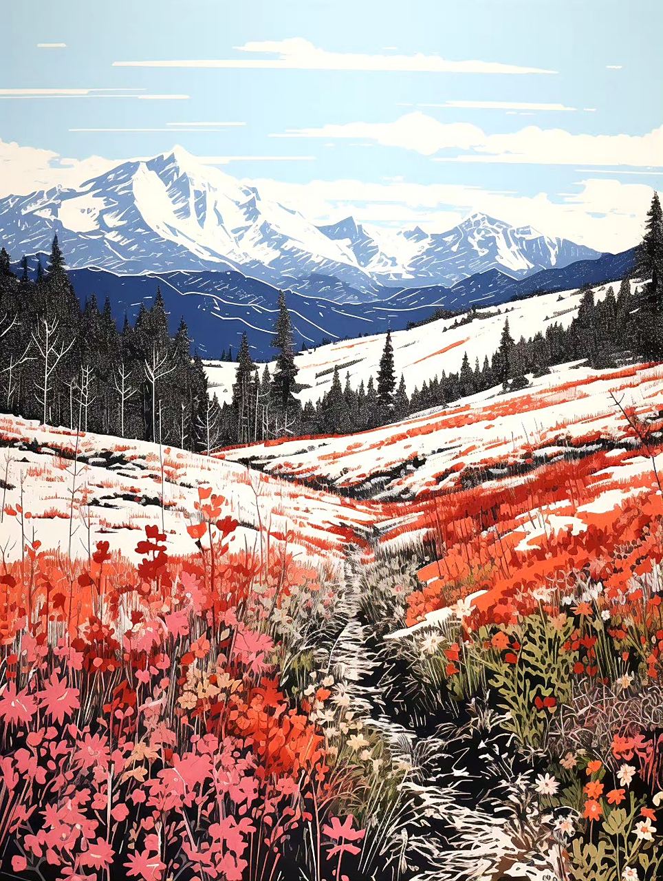 ai生成的一组风景插画作品,主题《雪原林海》,by midjourney.