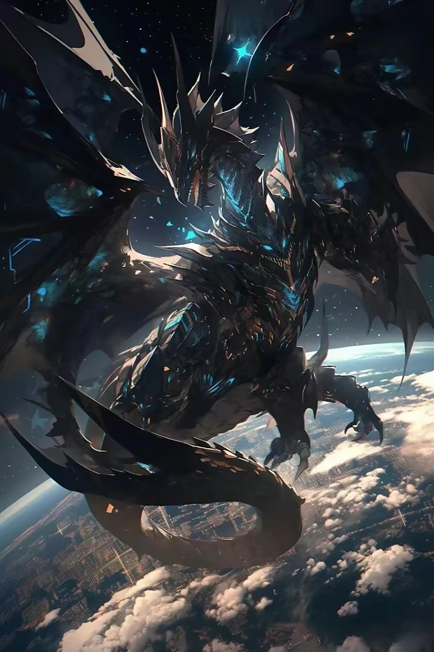 一组ai生成的神龙插画作品,还是西方龙的形象,飞翔在太空里