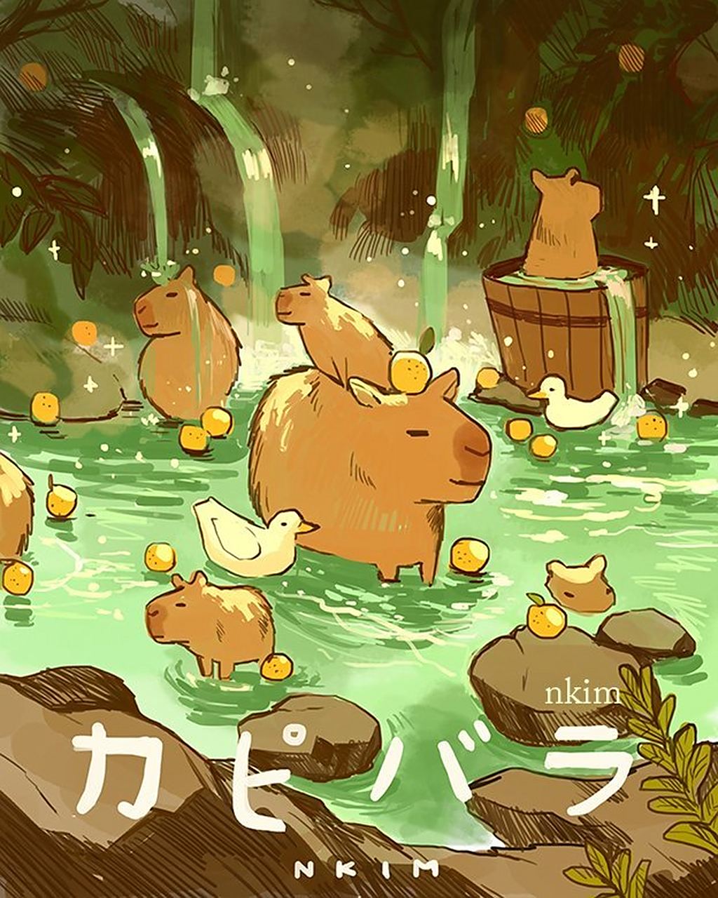 友好相处,画师nkim_illustrate创作了一组"水豚世界"为主题的插画作品