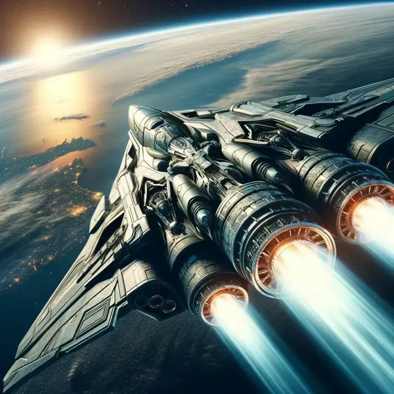 ai生成的一组飞船绘画作品,表现出未知的深空探索者,和一种强烈的未来