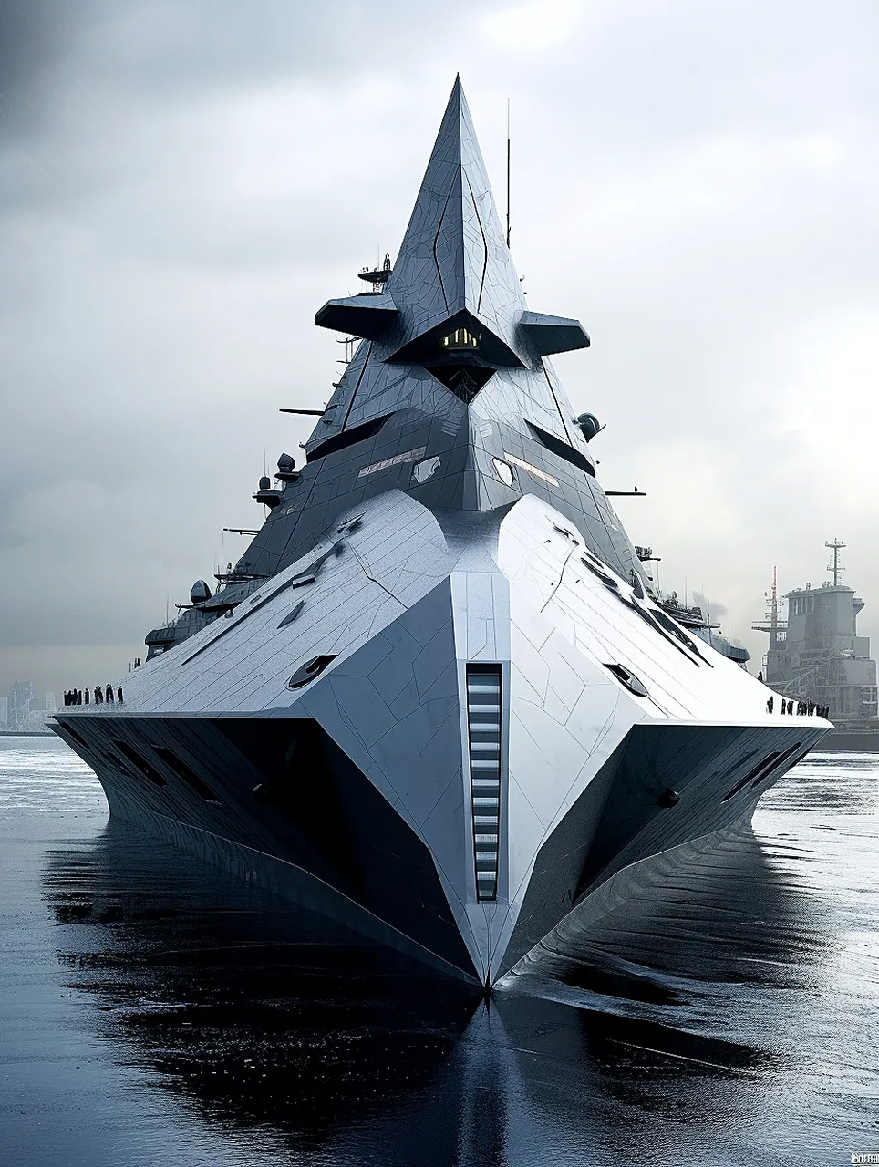 一组ai生成的未来战舰插画作品,外形上兼顾隐身,有现实中舰艇的影子.