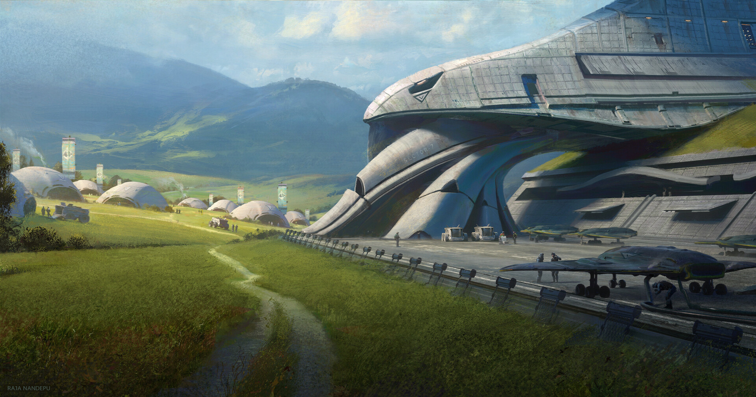 画师raja nandepu科幻场景作品欣赏,展现了寒冬极地发生的故事.