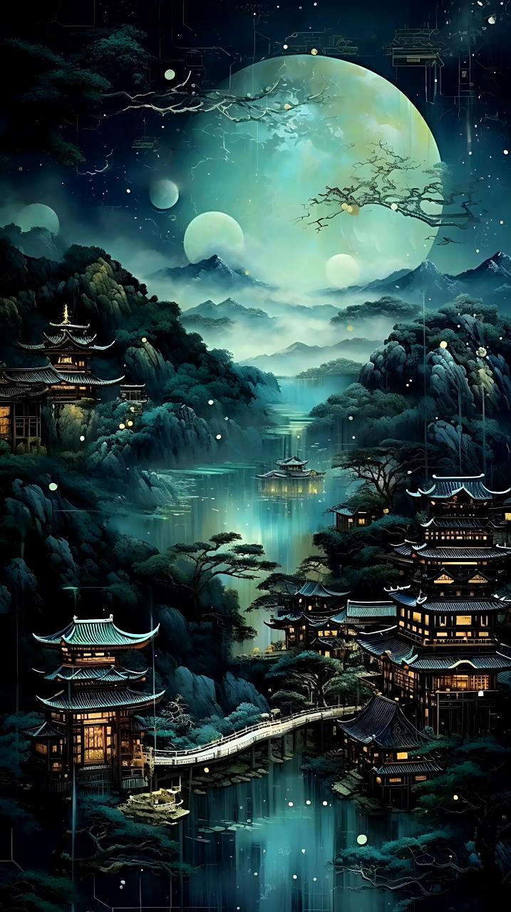 一组ai生成的古风夜色插画作品欣赏,皓月当空,照亮灯火阑珊.