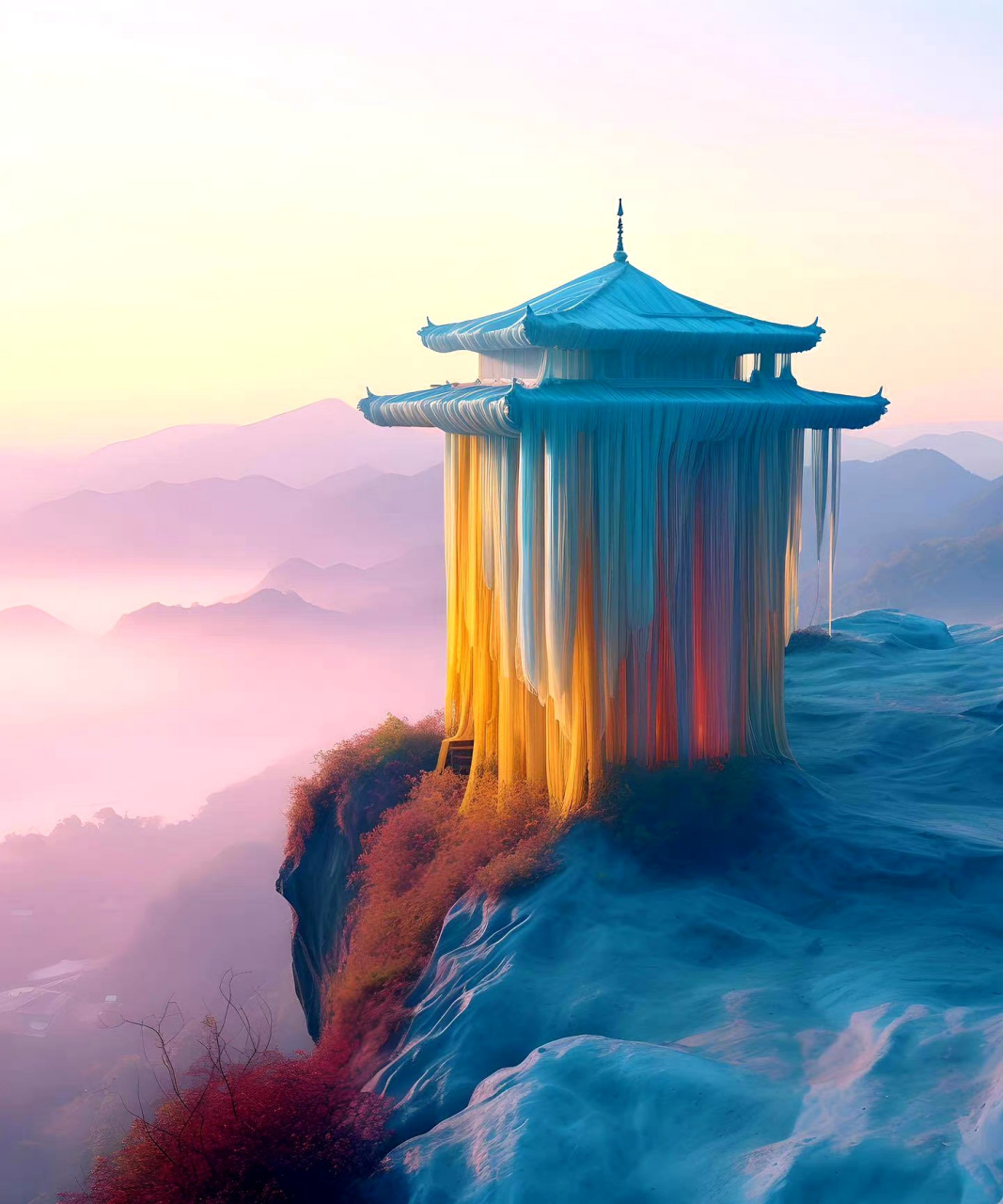 一组ai生成的超现实景色插画作品,缤纷的色彩与流苏在自然中飘荡.