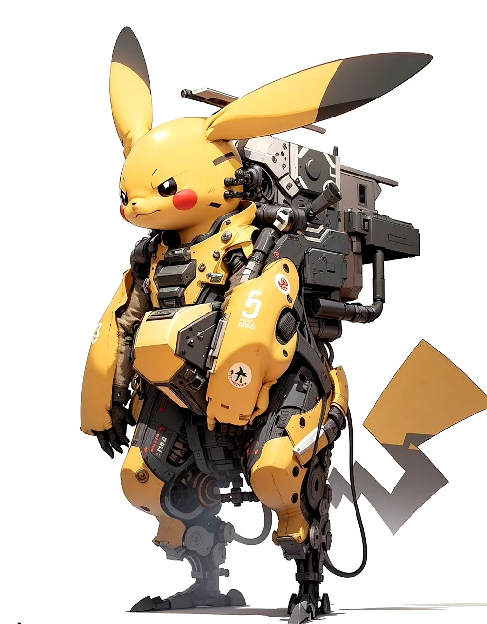 一组ai生成的皮卡丘插画作品,将角色与机甲结合在一起,by midjourney.