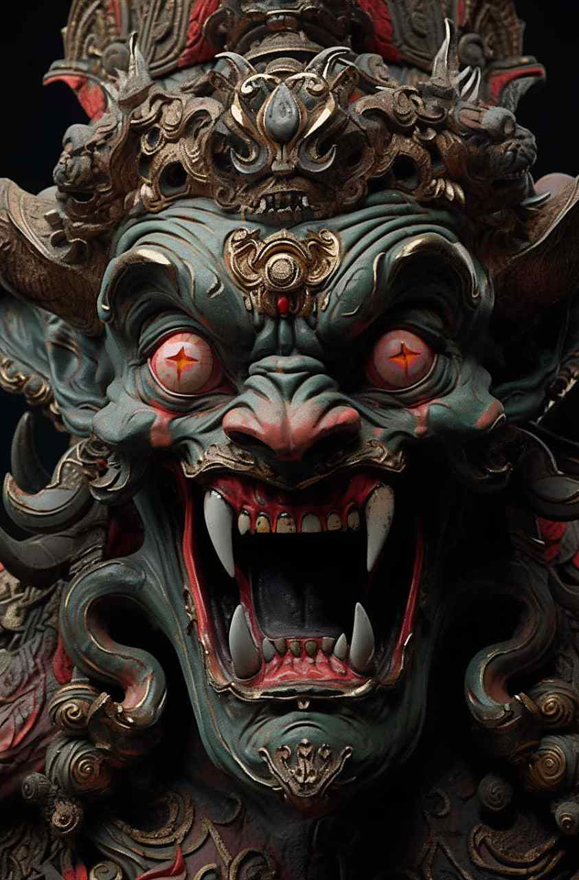 一组ai生成的鬼怪面具,有点像造像之中的怒目金刚.