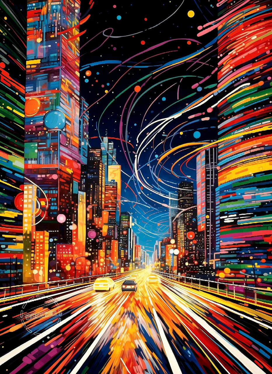 ai生成的一组城市风景绘画作品,用绚丽的色彩描绘了熙攘的车流与灯火